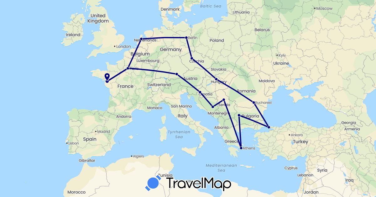 TravelMap itinerary: driving in Bosnia and Herzegovina, Bulgaria, Czech Republic, Germany, France, Greece, Croatia, Hungary, Netherlands, Romania, Serbia, Turkey (Asia, Europe)